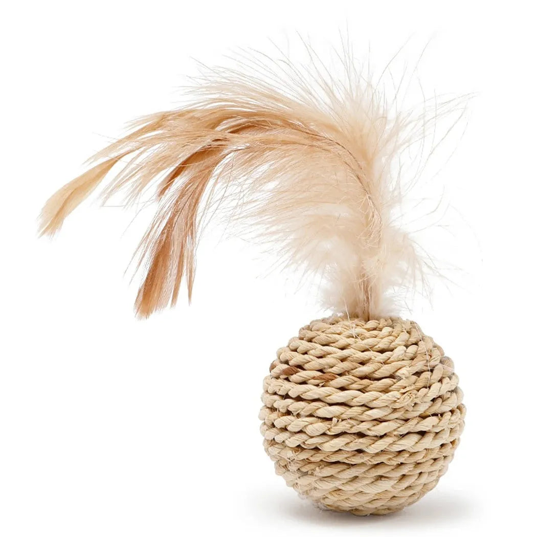 Primary colour cat toy set showing a rattan ball and a faux feather ball with bell.