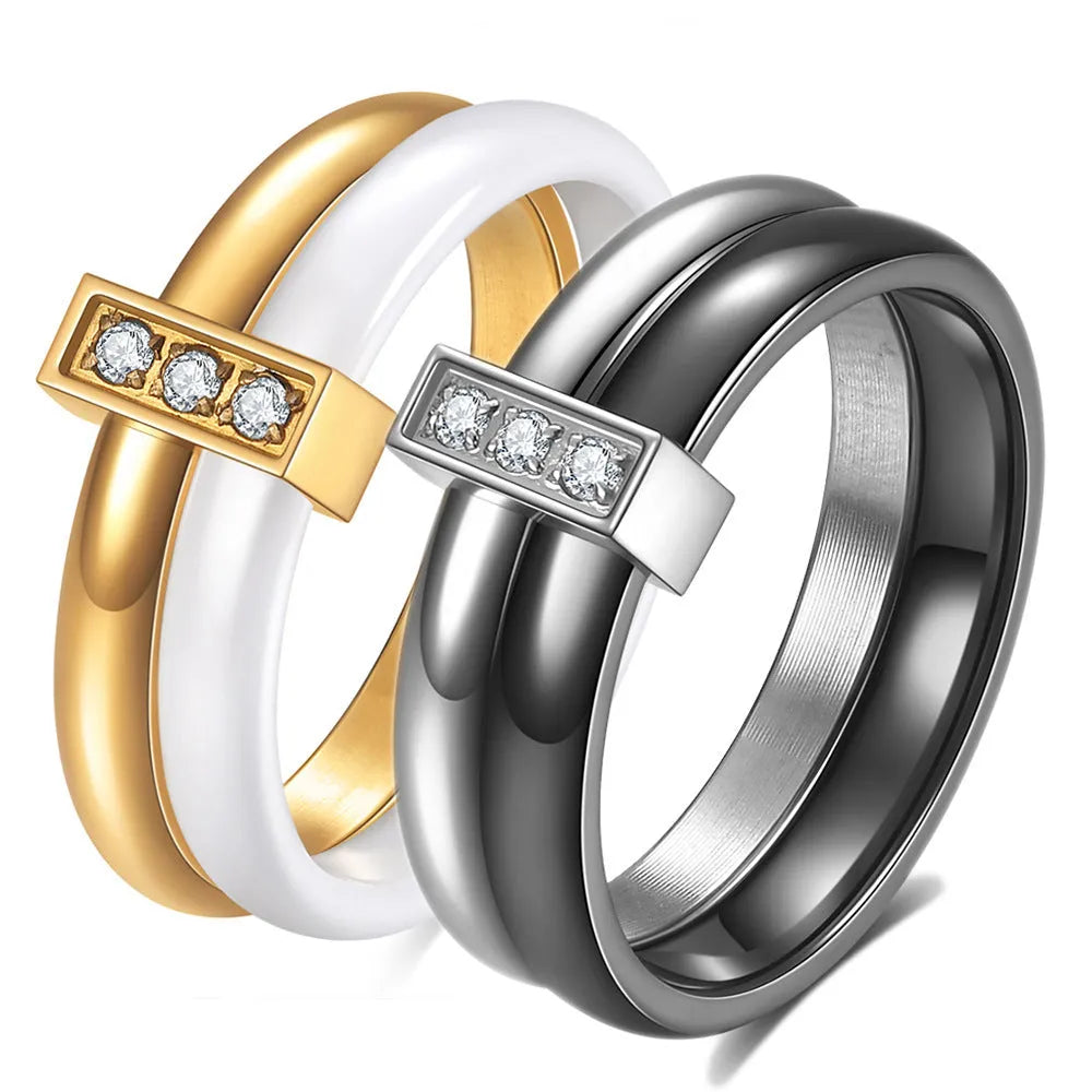 Ceramic women's ring with glossy stitching and zirconium inlay in 6mm thickness