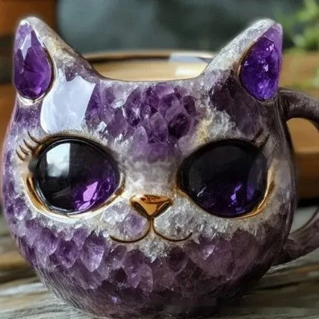 Purple geode mug with crystal cat design, synthetic resin craft measuring 11cm tall