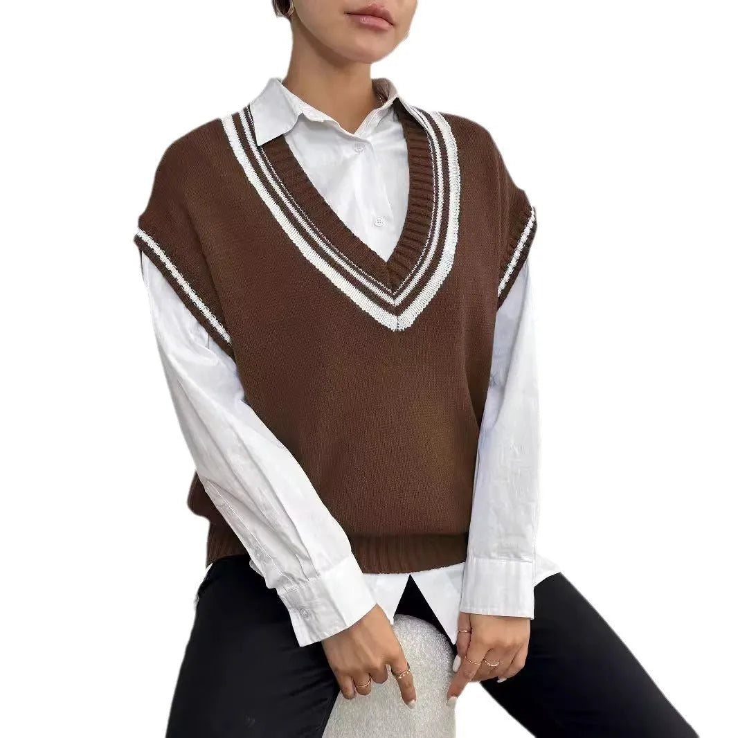 A loose-fit women's vest sweater in a college style, shown in a choice of colours.