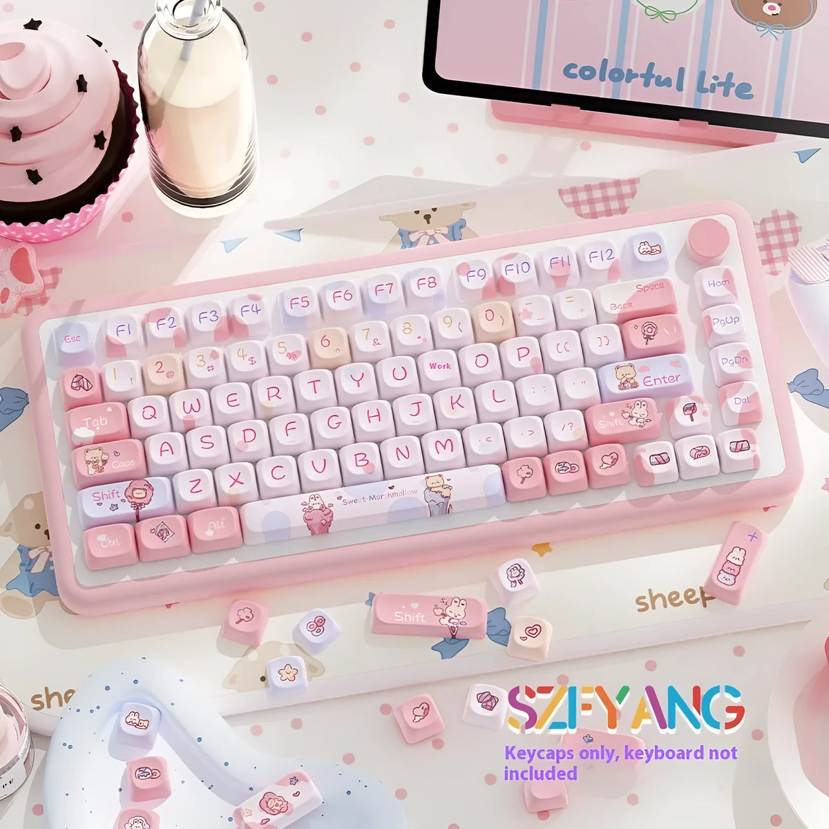 Sweet Cotton Candy coloured PBT keycap set for mechanical keyboards showing pink and blue design