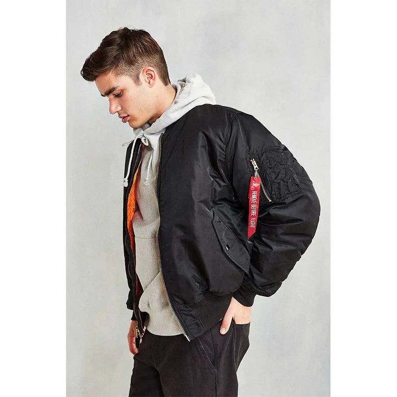 Men's army green loose-fitting nylon pilot jacket with cotton padding from American workwear collection.
