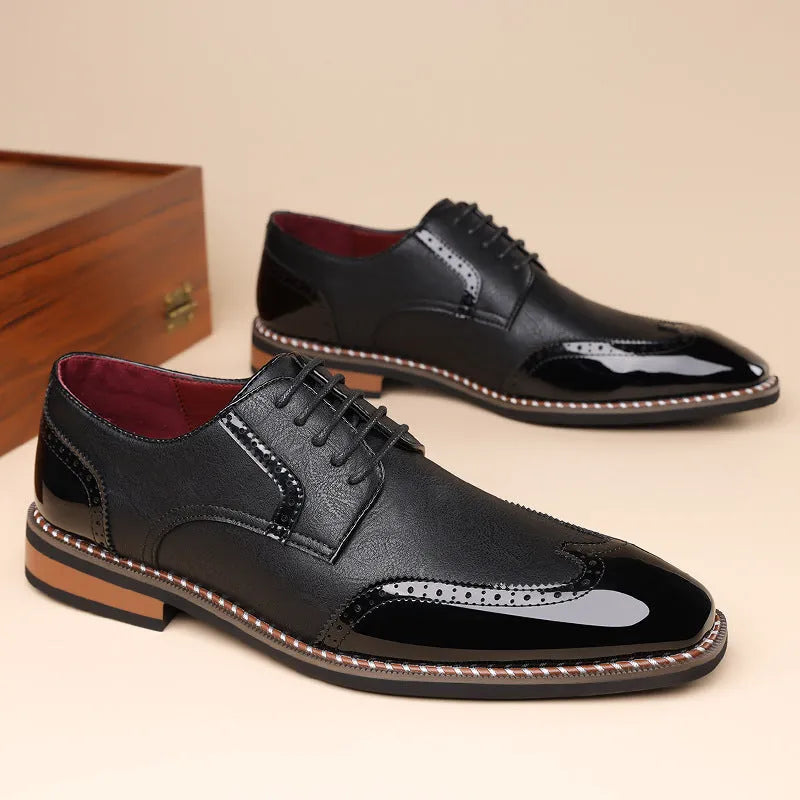 Men's black pointed toe PU leather low-top business casual shoes on white background