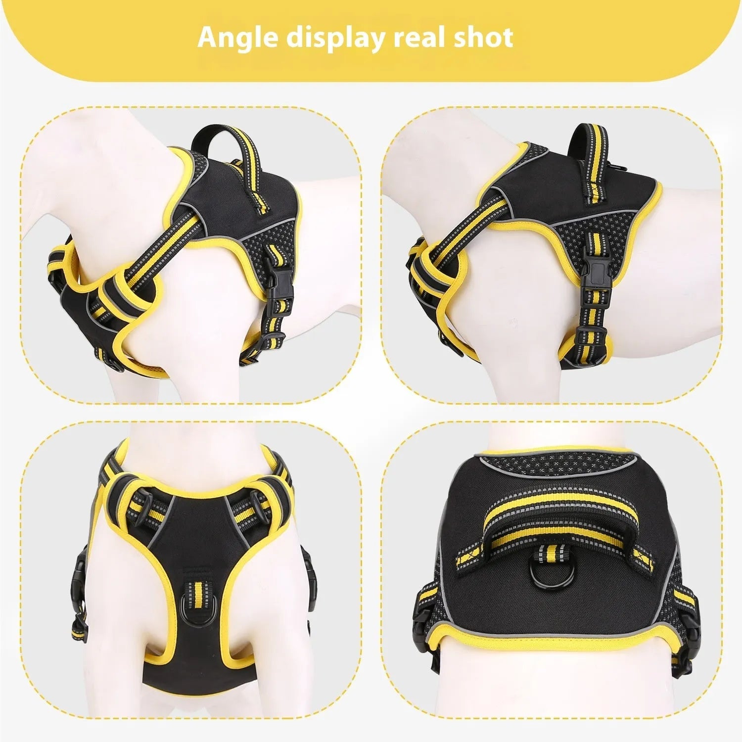 Yellow polyester dog harness with adjustable straps for outdoor training and security
