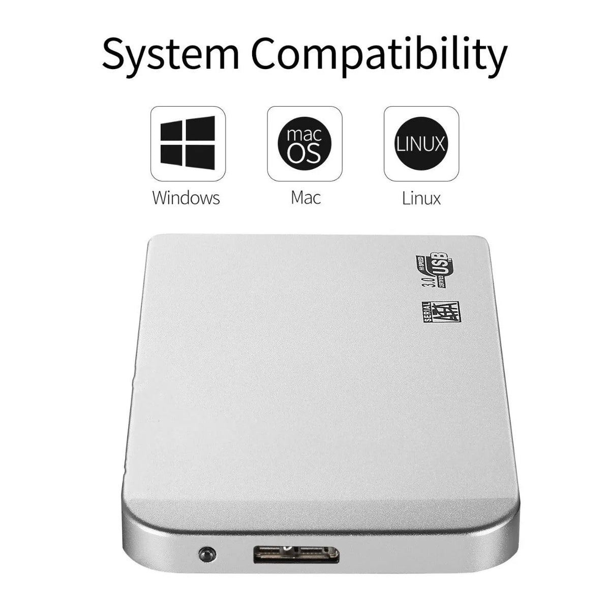 External portable hard drive with metal shell, black, 120mm x 80mm x 15mm, USB connection