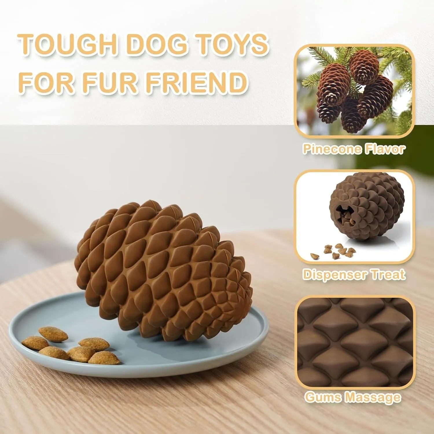 Yellow pine cone shaped natural rubber dog toy with textured surfaces and treat dispenser