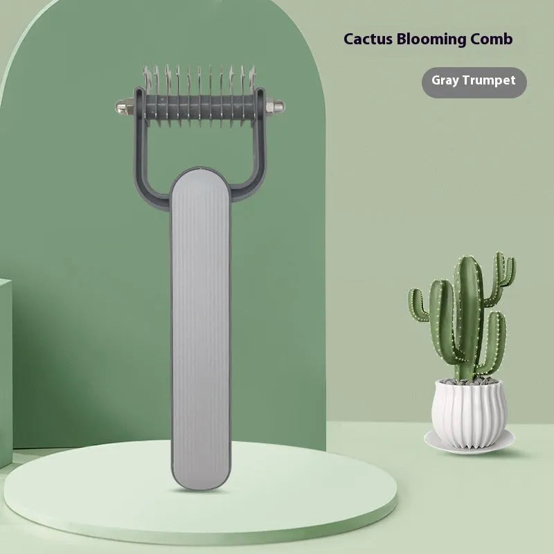 Green and grey dog unknotting comb with stainless steel blade and plastic handle in large and small sizes.