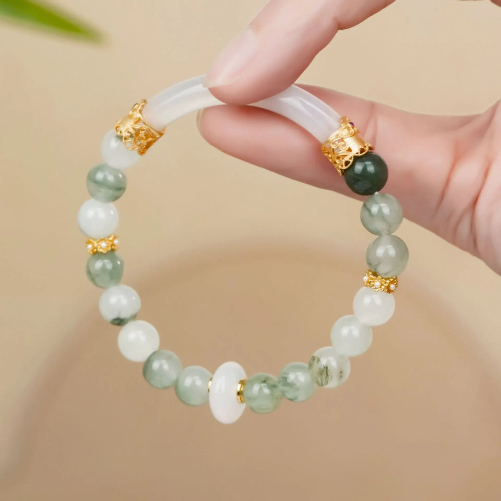 Light green emerald jadeite half bracelet with ice-like texture and round beads