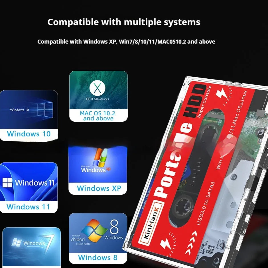 External 2TB mechanical hard disk drive with USB cable and storage box.