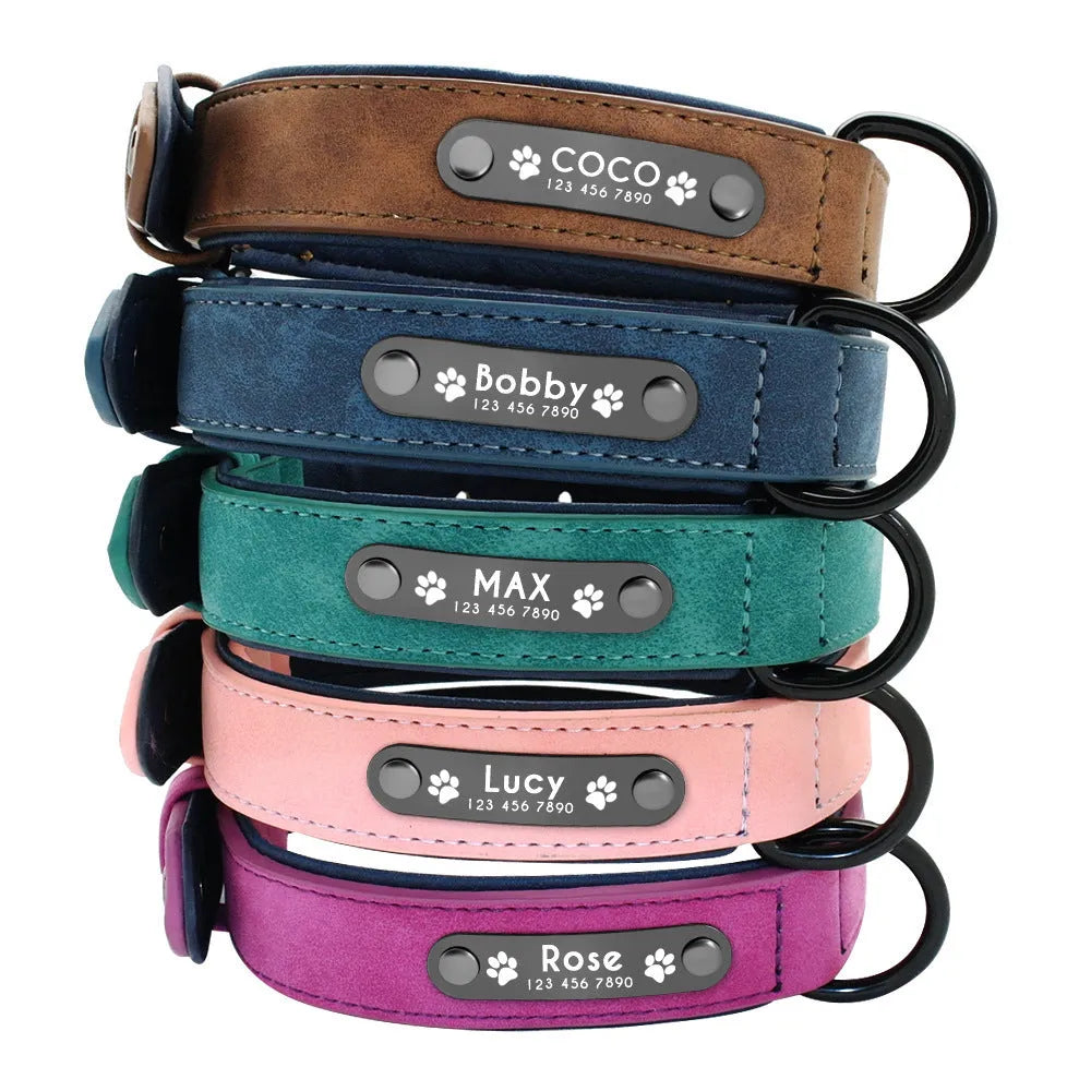 Leather anti-loss dog collar in black, grey, navy blue, brown, pink, green or purple, sizes XS to XL