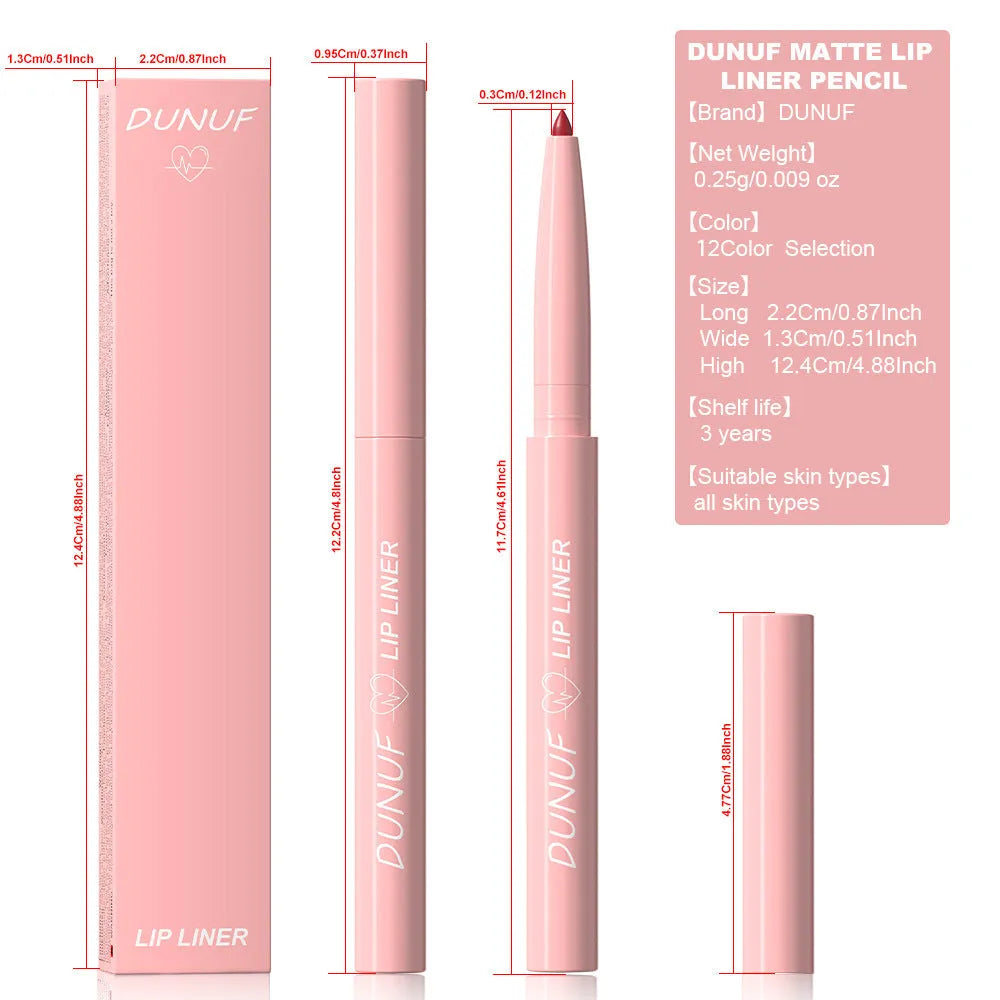 Velvet matte lip liner pencil shown in one of 12 available numbered shades.