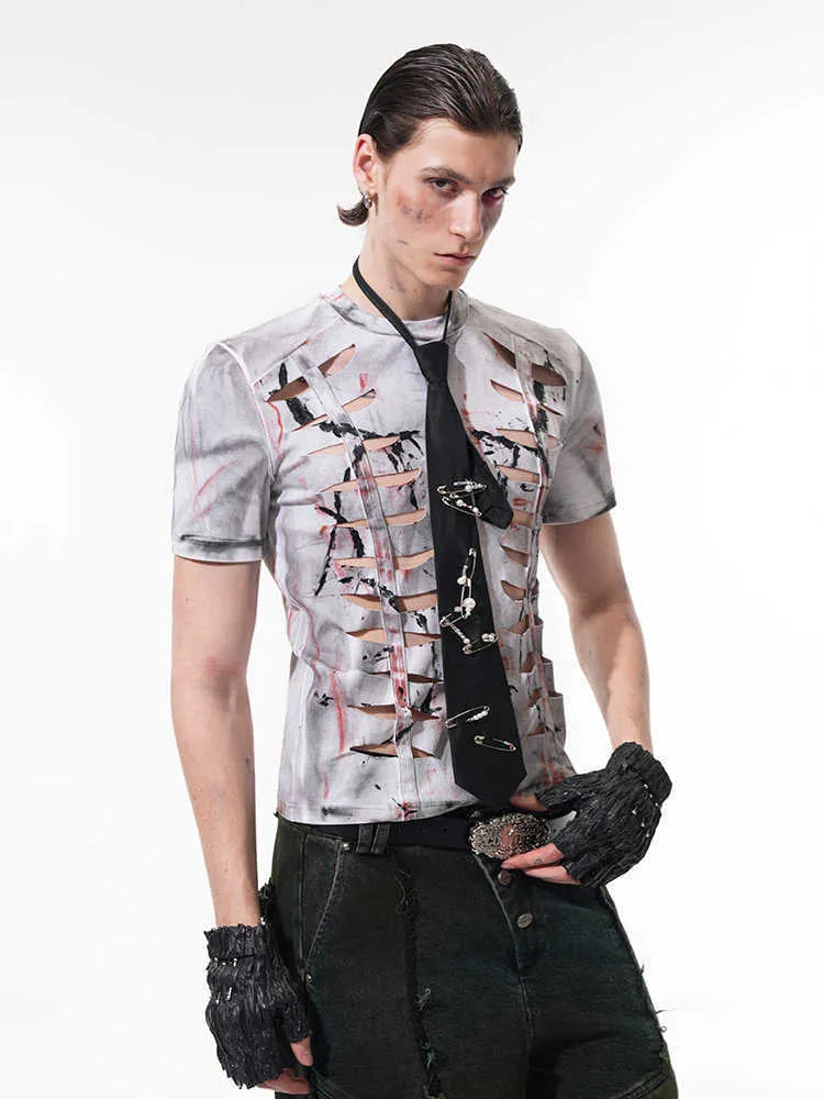 Men's white cotton T-shirt with a decorative cut-out pattern on the short sleeves and a round neck.