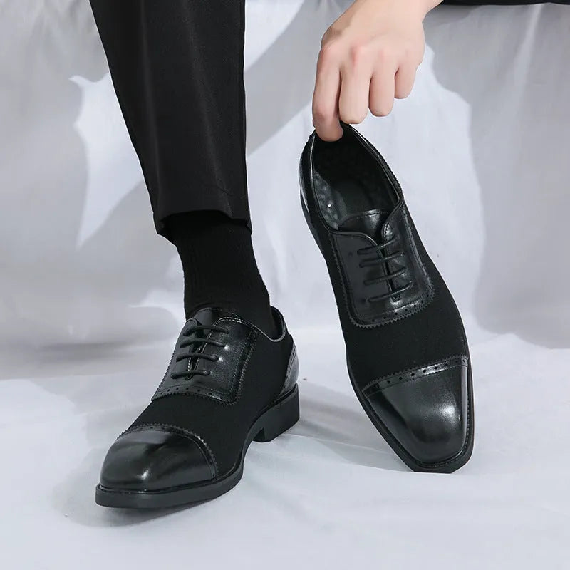 Men's thick-soled raised round toe lace-up business leather shoes in black with PU upper and rubber sole