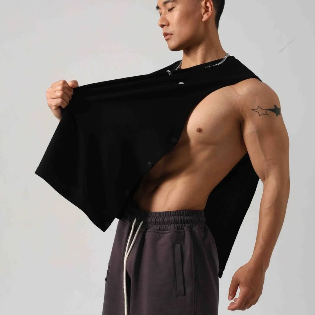 Korean style men's fitness vest with hidden side hooks and loose cotton construction