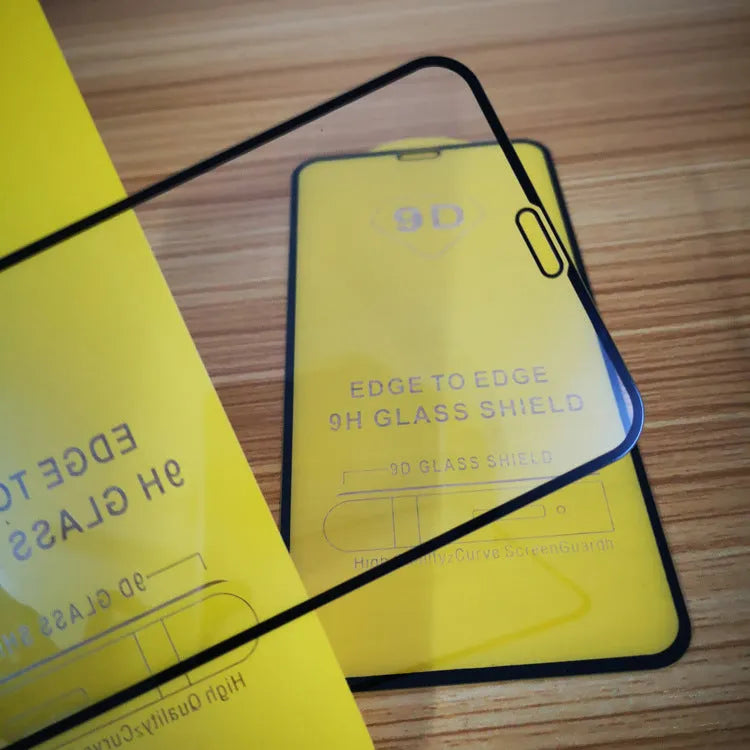 Black full screen tempered glass protector for Xiaomi smartphones on a white background.