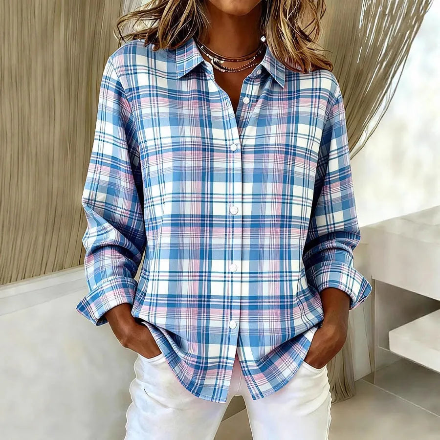 Women's long-sleeved lapel plaid button shirt top in light brown polyester cotton