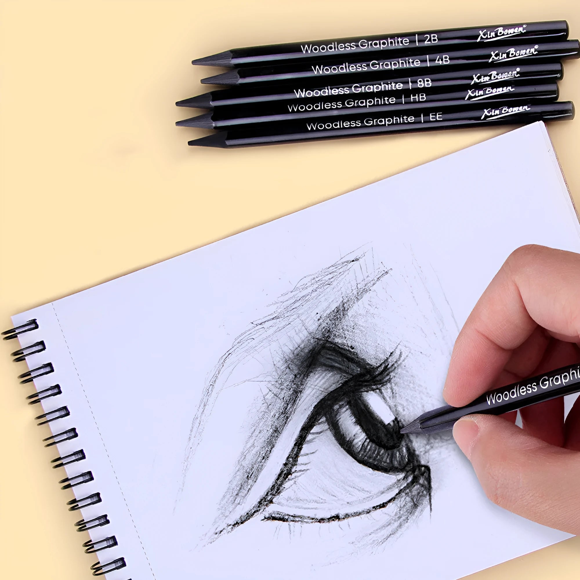Set of six wood-free graphite sketching pencils in different grades for artistic drawing