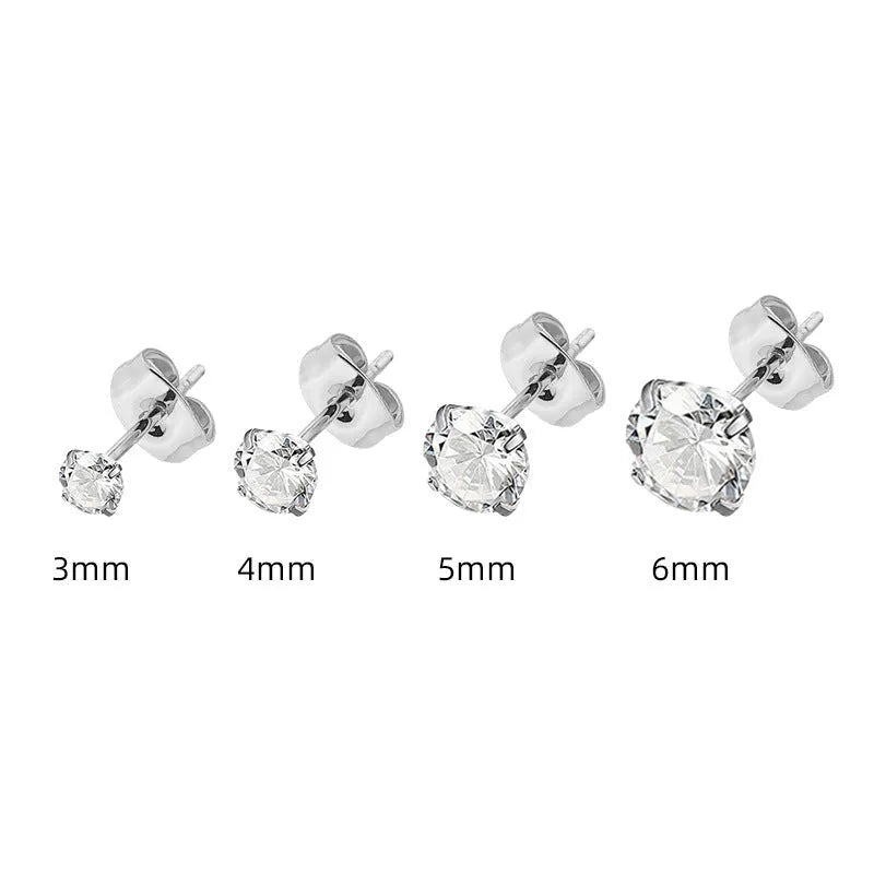 Titanium steel geometric square zircon stud earrings with round stones in gold and steel colour options