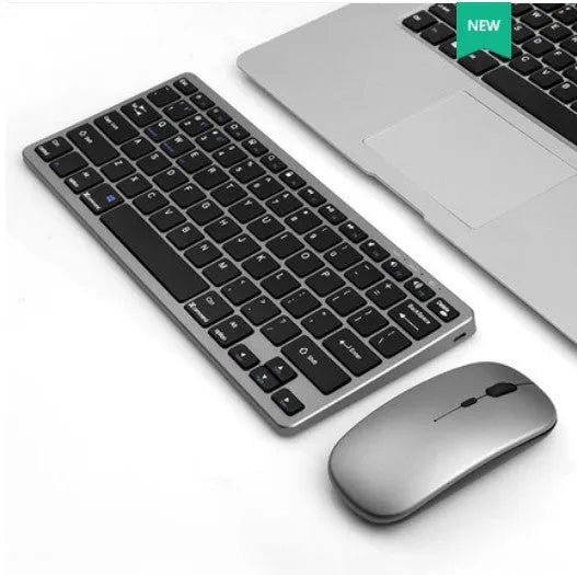 Wireless 2.4G charging silent keyboard mouse set in silver white with Bluetooth 3.0 78-key keyboard