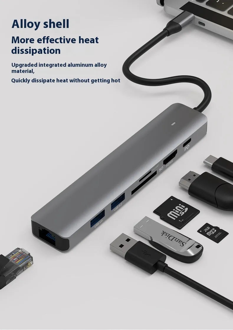 LQT-LH07 7-in-1 USB card reader hub with PD charging port for laptop connectivity expansion