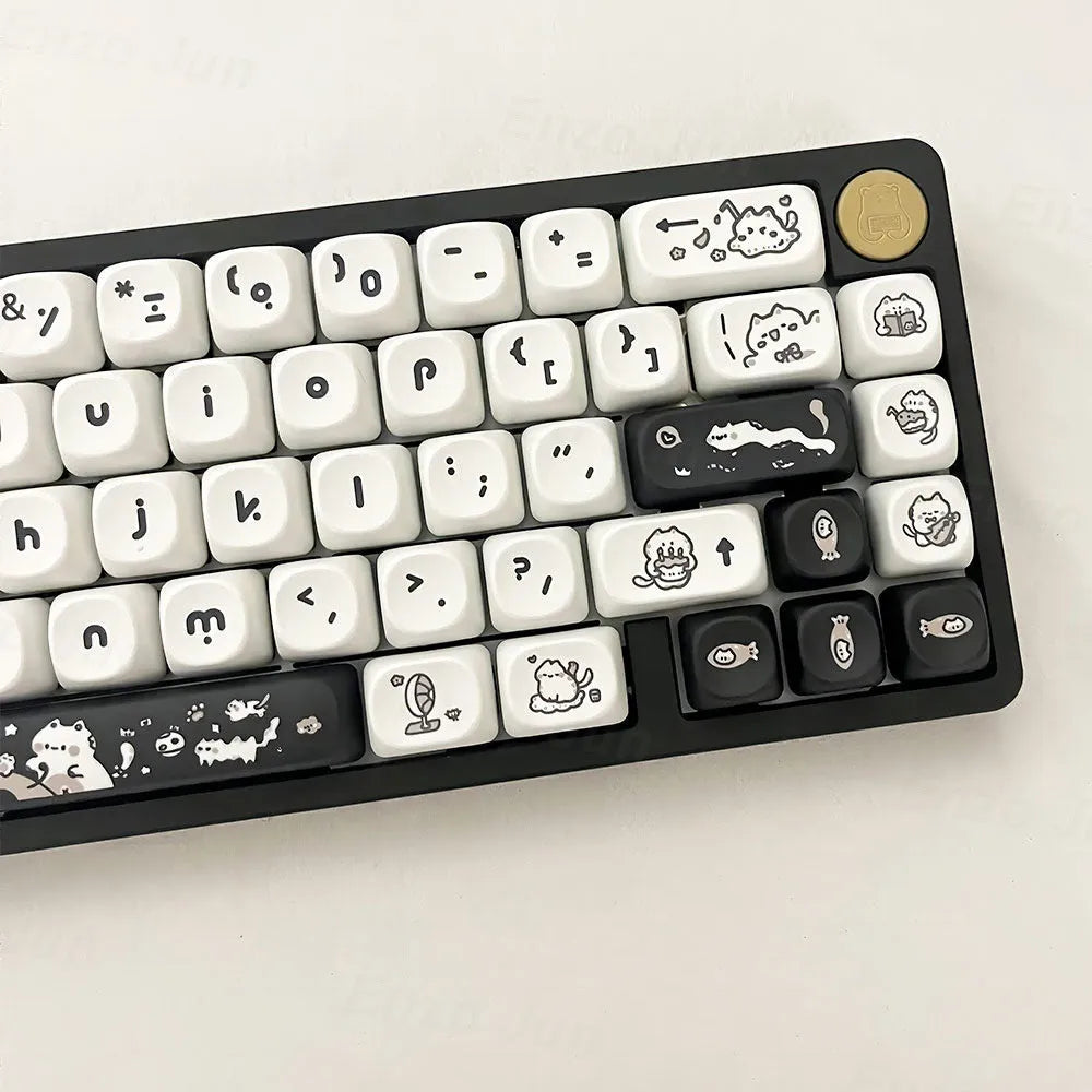 Black and white MOA height key cap set with kitten fantasy design on a mechanical keyboard