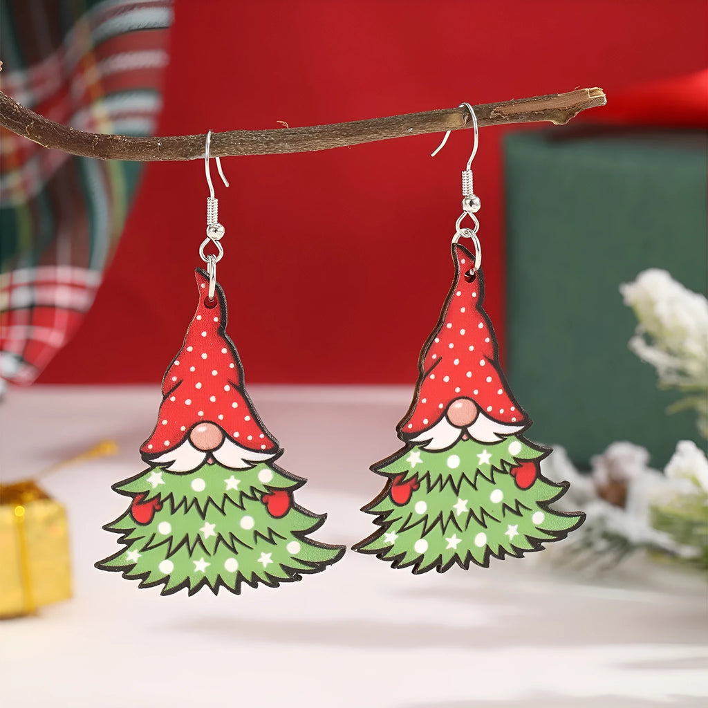 Wooden Christmas earrings with geometric shapes and printed festive designs