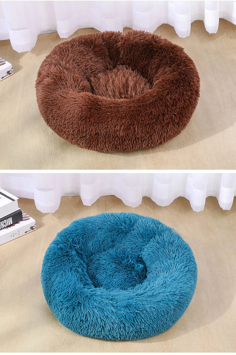 Round plush cloth pet bed for dogs and cats, available in 40cm to 120cm sizes and many colours