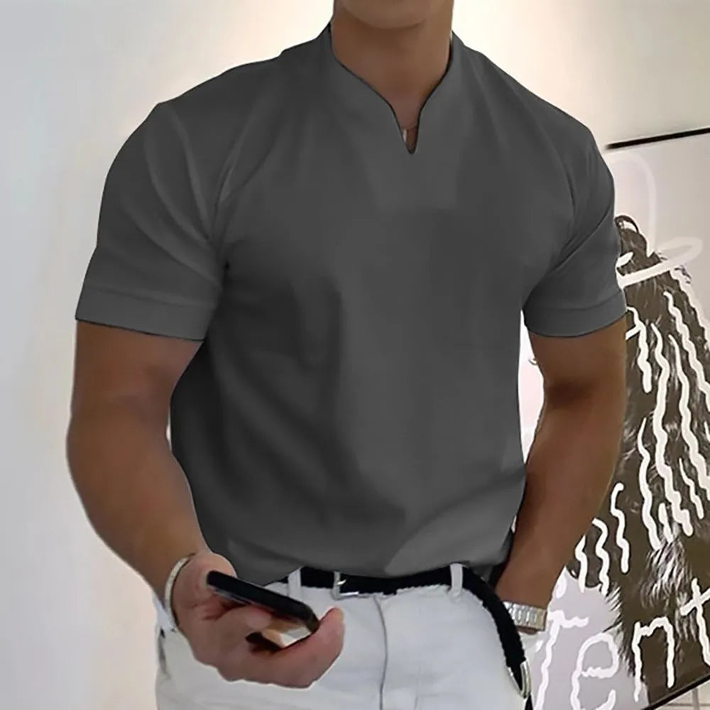 Men's plus size summer short sleeve shirt in khaki with front pocket stand collar loose fit