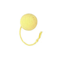 Cat toy ball with rope attached in green, pink, purple, or yellow colours with internal bell