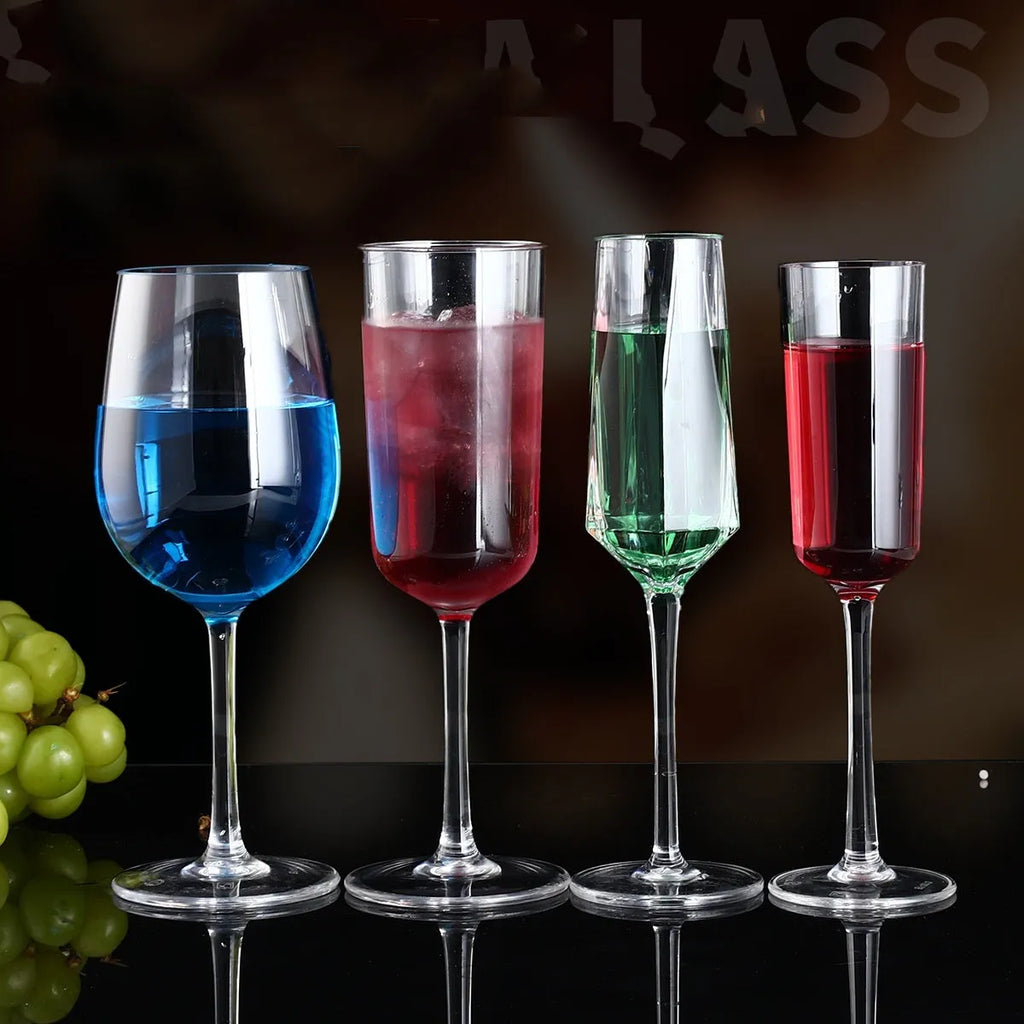 Modern clear plastic wine glass with simple design, shown in 300ml and 550ml sizes for party catering.