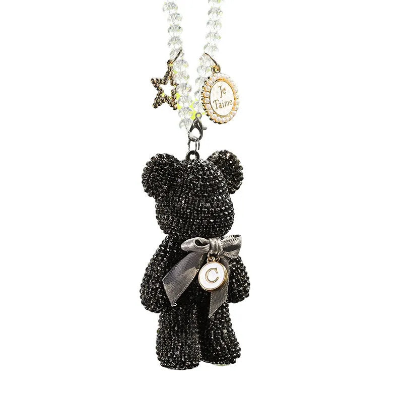 Artificial crystal rhinestone Violent Bear car rearview mirror pendant in black mixed pastel and white measuring 5x9CM