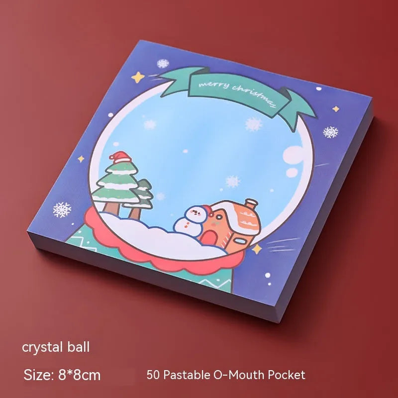 Christmas cartoon sticky notes pad showing eight festive designs including Santa Claus, snowman, and Christmas elf