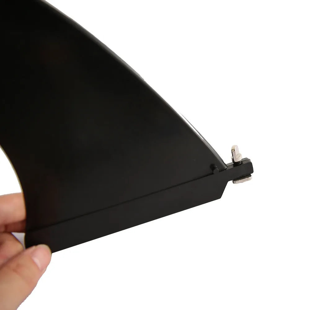 SUP paddle with large removable fish fins showing screw mounting system