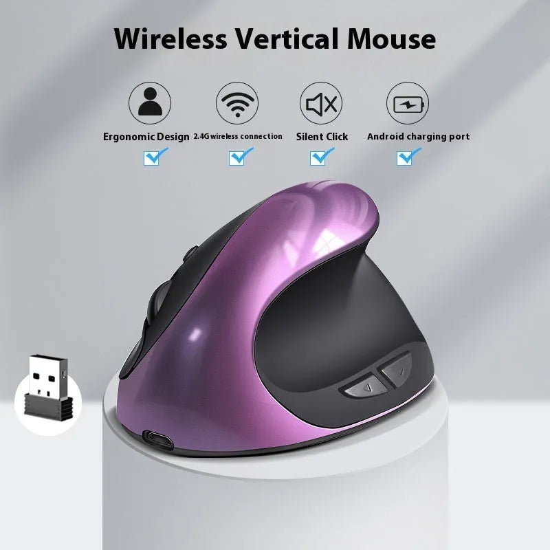Vertical ergonomic computer mouse in multiple colours including rechargeable purple with wireless charging