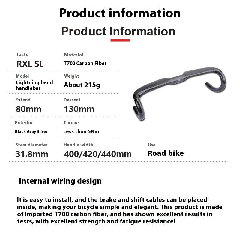 Carbon fibre road bicycle drop bar handlebar in Black Grey Silver, shown in 400mm, 420mm, and 440mm width options.