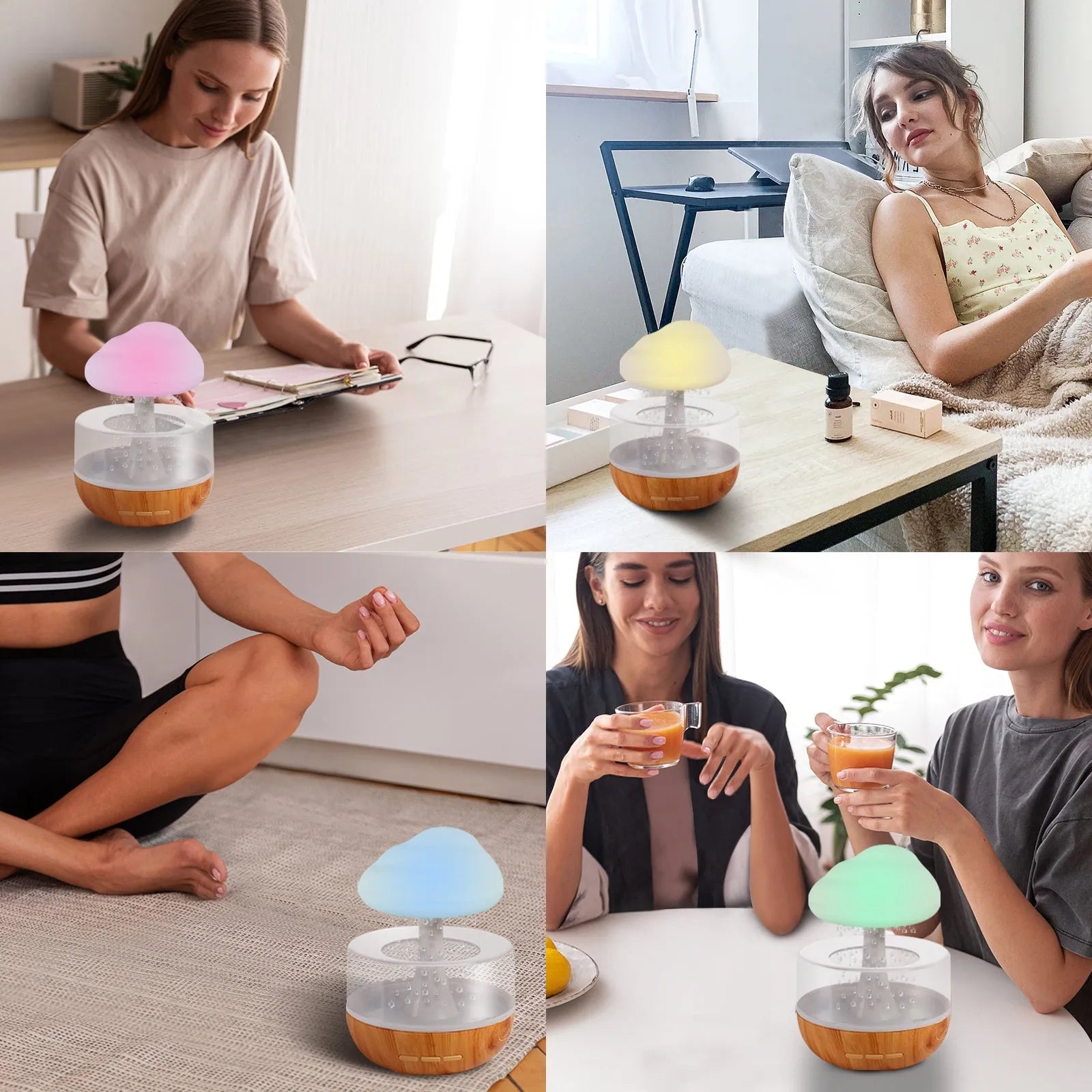 White cloud-shaped portable humidifier with coloured night light on a wooden table.