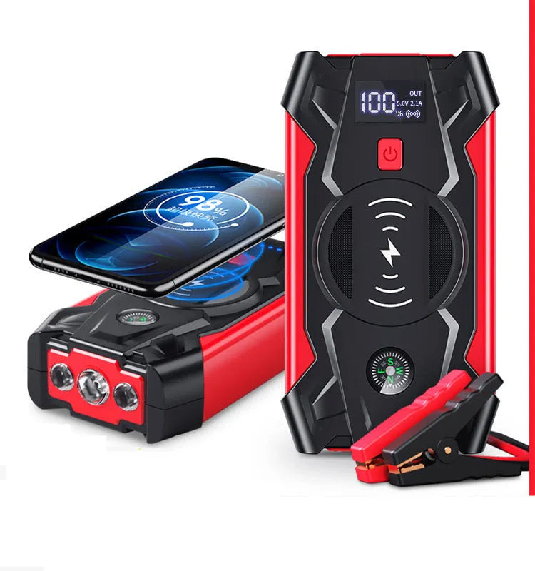 Red 12V car emergency jump starter power pack with digital display and air pump, showing 39800W output.