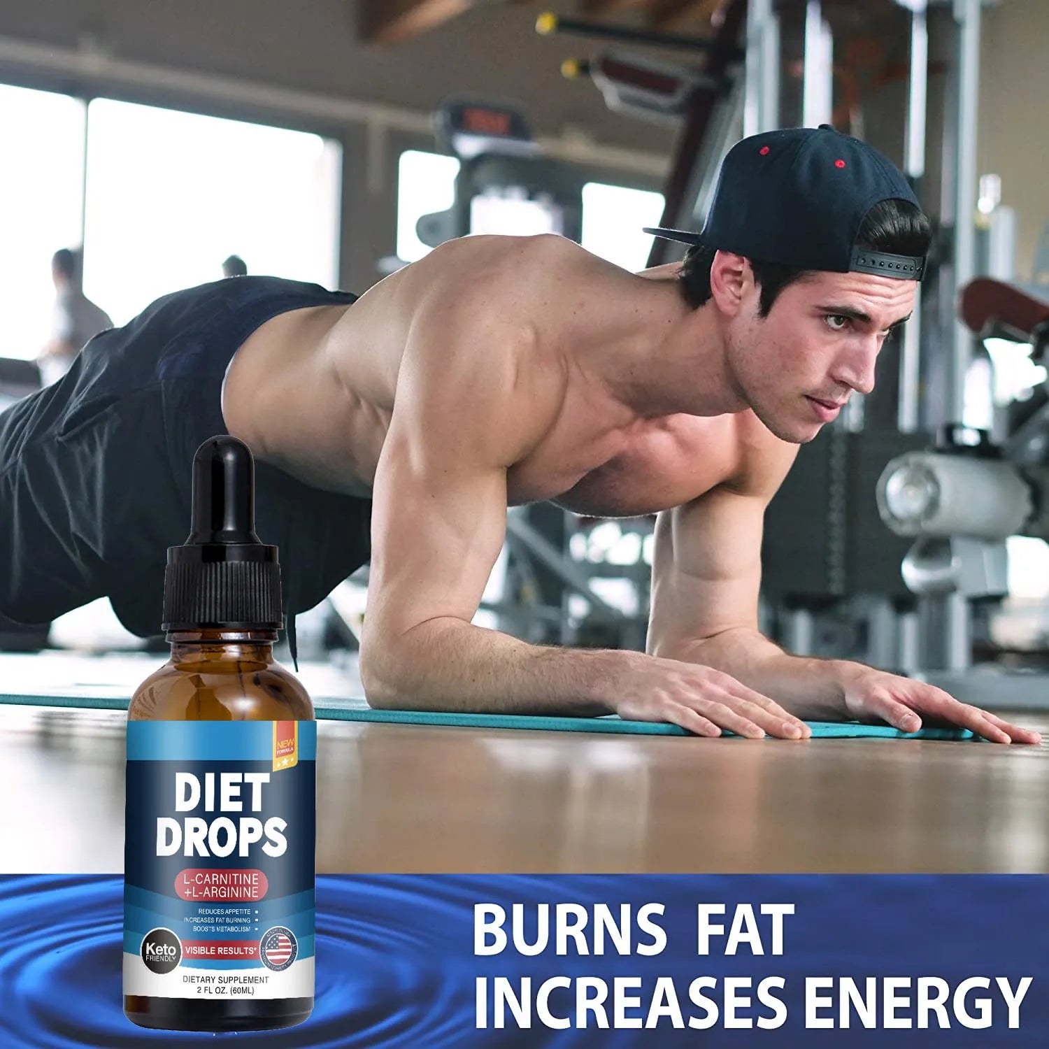 60ml bottle of ketone drops dietary supplement on a plain background.