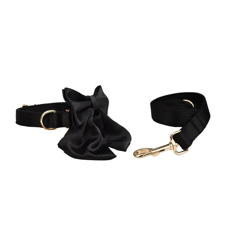 Complete dog walking set with cloth collar, leash, chest harness and bow tie accessory in multiple sizes