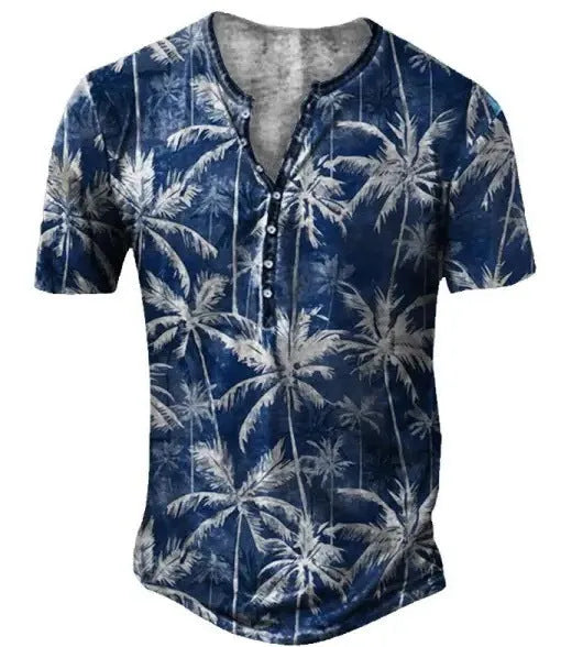 Men's blue short sleeve sports t-shirt with 3D printed graphic and lapel button detail