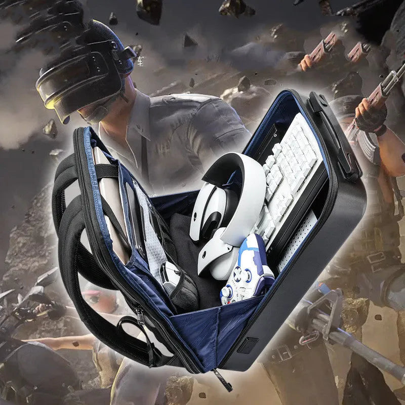 PC hard shell gaming backpack in black or silver with organisational pockets and double straps