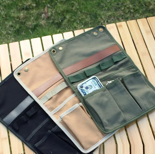 Multifunctional canvas storage bag in beige apricot for outdoor camping side hanging armrest use