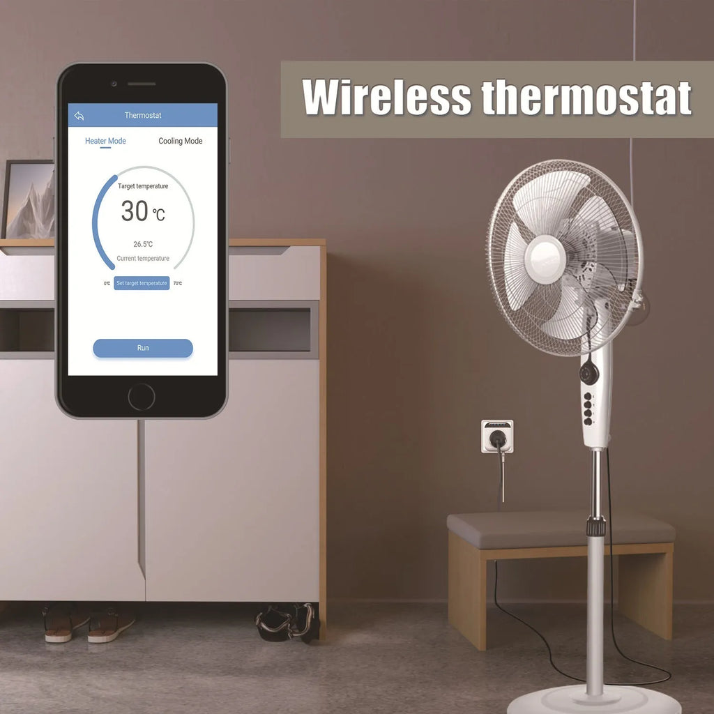 White Tuya smart temperature control socket with three holes and a separate temperature sensor probe.