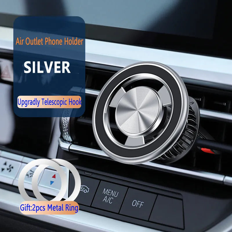 Magnetic car phone holder mounted on air vent with silver finish