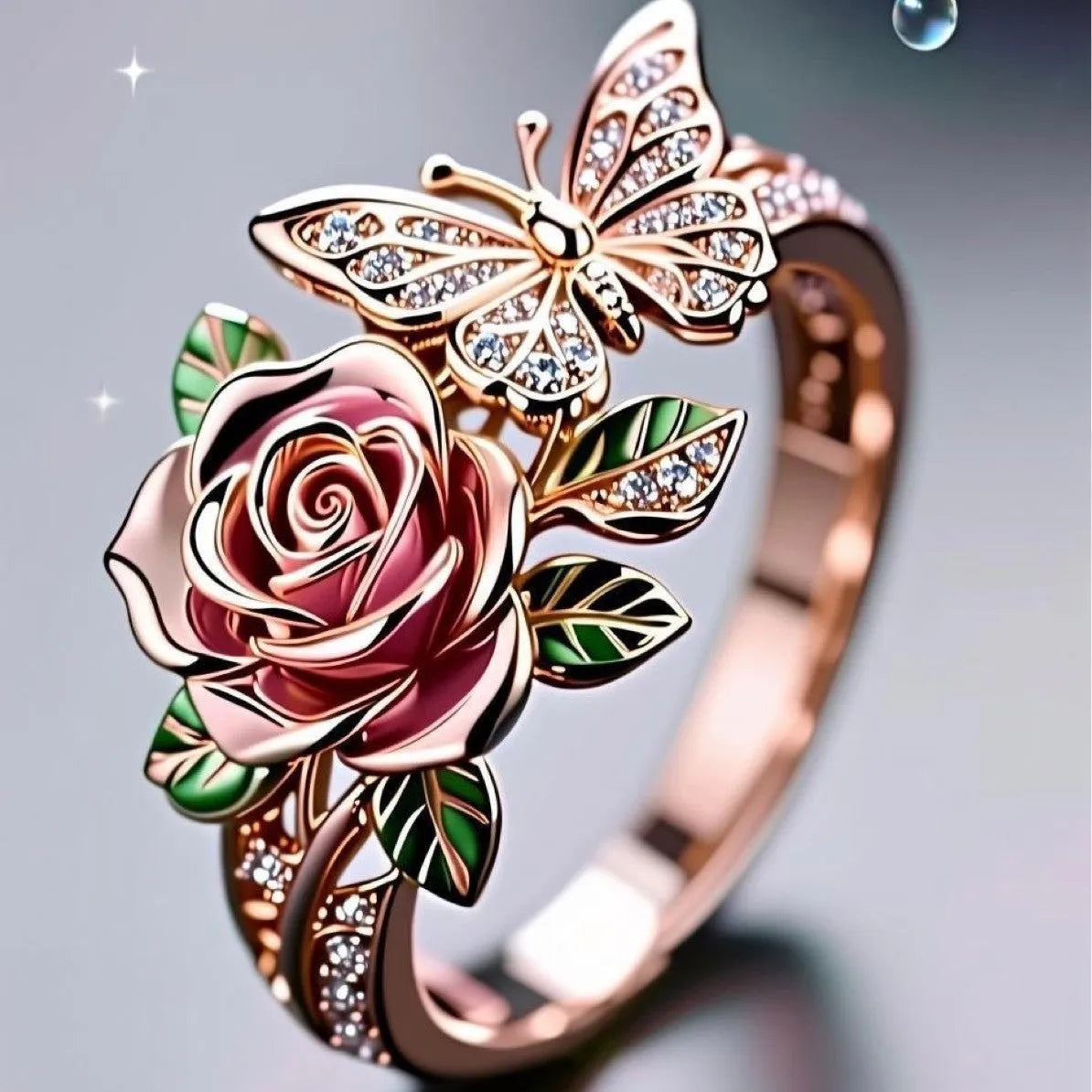 Adjustable butterfly personality ring with oil-drip colour effect showing flower and insect details