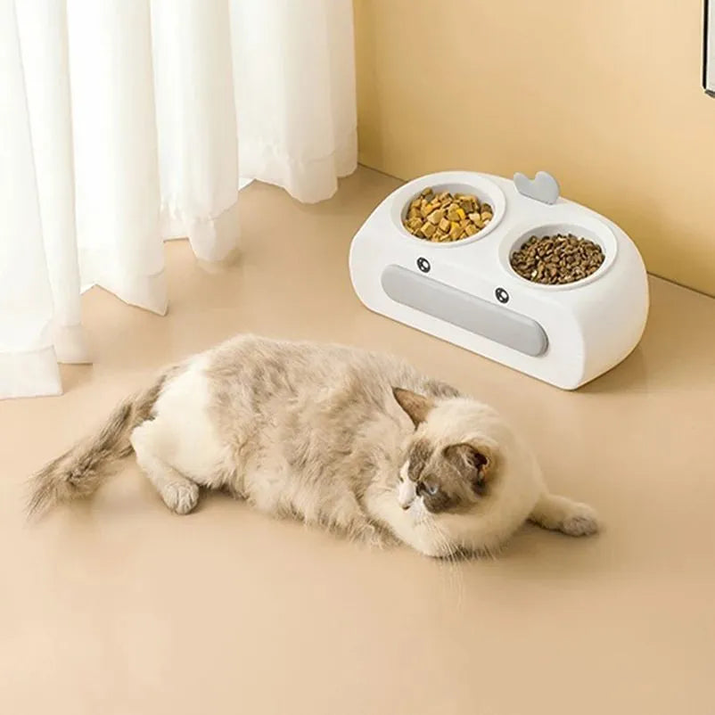 Duck design double pet bowl feeder tray in grey, pink, or yellow with plastic or stainless steel bowls for cats and small dogs.