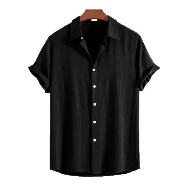 Men's loose-fitting short-sleeve cardigan shirt in black, green, or white for summer casual wear.