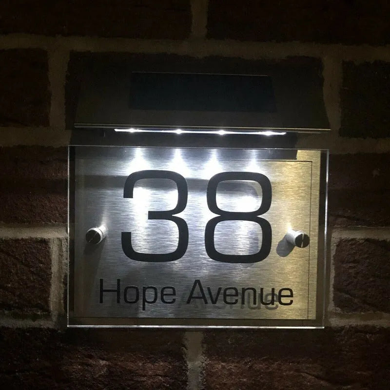 Solar powered stainless steel doorplate light with 4LED digital address display and IP55 protection