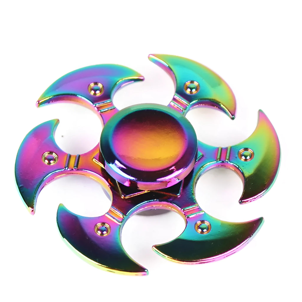 Colourful alloy fidget spinner with six axis design and electroplated finish on a light background