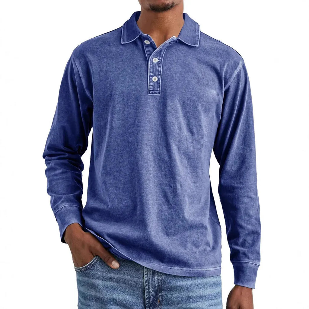 Men's retro washed distressed cotton long sleeve polo shirt with lapel collar in multiple colours